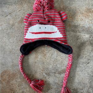 SUPER CUTE PAUL FRANK style Warm RED Knit Cap Fleece Lined Pompom Knit Ties